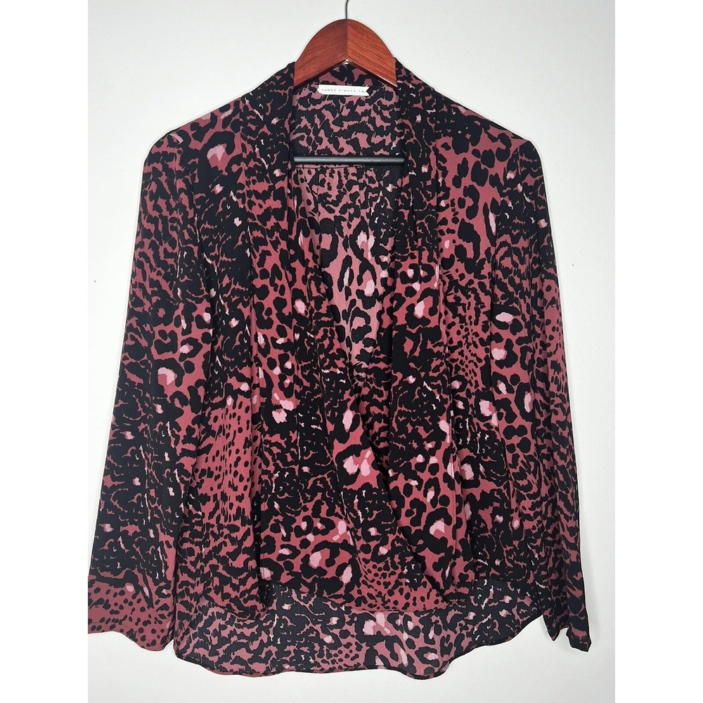 Three Eighty Two Blouse Womens M Pink Leopard Surplice V-Neck Mob Wife Office